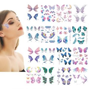 NICENEEDED 16 feuilles D’Autocollants de Tatouage Temporaire Papillon, Autocollants de Maquillage pour le Visage et les Yeux, Ailes de Fée Flash, Autocollants Cosmétiques Imperméables Brillants (Niceneeded FR, neuf)