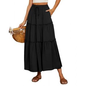 Timuspo Jupe longue pour femme - &Eacute;l&eacute;gante - Style boh&egrave;me - D&eacute;contract&eacute;e - Ligne A - Couleur unie - Avec poches - Taille haute &eacute;lastique - Jupe de plage - Jupe de loisirs, Noir , L (ZZYH, neuf)
