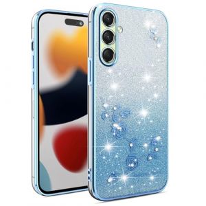 ILING Femme Coque pour Samsung Galaxy A17 5G/4G, &Eacute;tui Color&eacute; Brillant avec Motif de Rose &Eacute;l&eacute;gant et Strass Exquises, Tr&egrave;s Mince Doux Silicone TPU Bumper Antichoc Housse (Bleu) (Wanten, neuf)