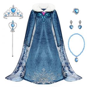 Monissy La Reine des Neiges Elsa Princesse Robe Fille Bleu Col Blanc Duvet Manche Longue Cape Tulle Glace Neiges Imprimé Asymétrique Costume Frozen Mariage Anniversaire Canarval - Bleu - 130 (Monissy, neuf)