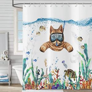 Hnmdmyi Rideau de Douche Dr&ocirc;le Chat 120x200, Mignon Chaton Nageant en Teal Bleu Oc&eacute;an, Baignoire Avec Tortue de Mer, Poissons Tropicaux, M&eacute;duse, &Eacute;toile de Mer, Corail - Nautique Bain Enfants (Hnmdmyi, neuf)