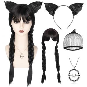 Perruque Tresse Noire,Perruque Longue Double Tresse,Perruque avec Frange,Tresse Noire Perruque,Perruque d'halloween pour Femme,Perruques Tresse Noire Femme pour Halloween Carnaval Cosplay Fête (wanakeji, neuf)