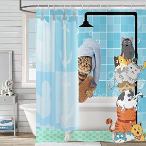 Rideau de douche Chat dr&ocirc;le 165x180, Hnmdmyi Mignon chat se baignant animal cartoon chaton enfants rideau de douche bleu &agrave; carreaux d&eacute;cor rideau de baignoire imperm&eacute;able polyester tissu rideau de bain (Hnmdmyi, neuf)