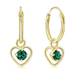 DTPsilver® Boucles d'oreilles PETITES Créoles en Argent Fin 925 Plaqué Or Jaune et Coeur avec 3 mm Cristaux de Swarovski® Elements Ronds - Épaisseur 1.2 mm - Diamètre: 12 mm - Couleur: Emeraude (DTPSilver, neuf)