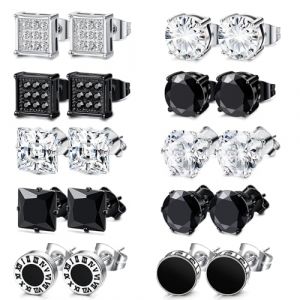 Uwiyo 10 Paires Boucle D'oreille Homme, Acier Inoxydable Zircone Cubique Ronde Clou Boucles d'oreille Faux Ecarteur Clous d'oreilles Faux Plugs Boucles d'oreilles pour Homme Femme (Noir, Argent-Set 1) (JOFFY MOCO Store, neuf)