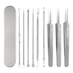 9 Pi&egrave;ces Extracteur Point Noir, Outil pour Nettoyer les Points Noirs, Pince Tire com&eacute;don de Point Noir Nez, Acier Inoxydable, pour Points Noirs, Acn&eacute;, Milia et Autres Impuret&eacute;s de la Peau (LMINGMING, neuf)