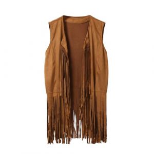 Gilet &agrave; Franges Longues pour Homme en Cuir Synth&eacute;tique Marron - Look Hippie Boh&egrave;me R&eacute;tro Ann&eacute;es 70 - Accessoire Mode Carnaval, Festival, Cosplay D&eacute;guisement (Bkazwe, neuf)