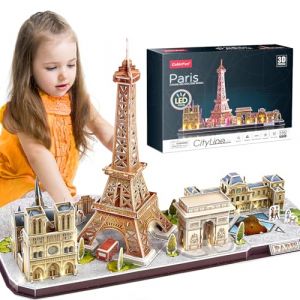 Puzzle 3D de France Paris LED CityLine - Tour Eiffel, Notre Dame de Paris, Le Louvre, Arc de Triomphe Kits de Décoration et Cadeau Souvenir, 115 Pièces (CubicFun 3d Puzzle, neuf)