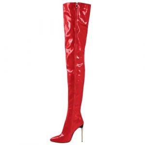 FGRID Cuissardes en cuir verni pour femmes, talons aiguilles sexy au-dessus du genou, bottes longues de soir&eacute;e &agrave; bout pointu en PU avec fermeture &eacute;clair lat&eacute;rale grande taille,Rouge,46 (嗷嗷叫, neuf)