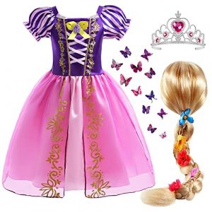 Tacobear Robe Raiponce Fille Déguisement Princesse Robe Costume avec Raiponce Perruque Couronne pour Anniversaire Fête Cosplay Halloween Noël Partie Carnaval (110) (vamei, neuf)