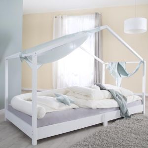 roba Lit cabane 90 x 200 cm pour enfants - Lit au sol selon le principe Montessori - Extensible avec sommier à lattes, matelas et housse de lit cabane - Bois laqué blanc (Kidtini GmbH, neuf)
