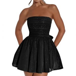 Hanaoops Robe Paillettes Femme Mini Robe de Soir&eacute; Cocktail Sexy Epaules D&eacute;nud&eacute;es Moulante Dresses sans Manches Courte Robe Dos Nu en Tulle Paillet&eacute; Clubbing F&ecirc;te Bandeau Robe avec N&oelig;ud Dans Le Dos (GELIYANALY, neuf)