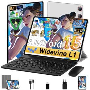 Tablette Android 15 10 Pouces 64Go ROM + 2To, Gemini AI, Octa-Core, 1280 * 800 FHD IPS, Veille Extra Longue, 5G WiFi, Widevine L1, 5MP + 13MP, Face ID, GMS Certification, Tablette avec clavier, Argent (SANLAST SP. Z O.O, neuf)