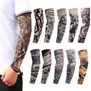 QSZHSL 10 Pièces Manches de Tatouage pour Hommes Femmes, Manches Faux Tatouage, Tatouage Temporaire Manchettes de Bras Faux Tatouage Tatoo, Couvre Manches pour Tatouages de Bras, pour Fête, Carnaval (Qiqing, neuf)