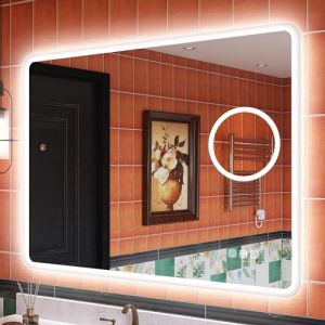 S'bagno Bluetooth-Miroirs-de-Salle-de-Bain 100x70cm, IP44 Miroir Salle de Bain avec Eclairage avec Loupe 5X, Désembuage 3000K/ 4000K/ 6500K, Miroir Salle de Bain LED avec Mémoire Vertical/Horizontal (Illuminated mirror, neuf)