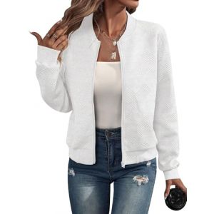 Tomwell Veste Femme Blouson Bomber Vintage Zippée Couleur Unie Baseball Jacket Manteau De Moto Veste Sweatshirt Court Blouson A Blanc XL (Joke and I, neuf)