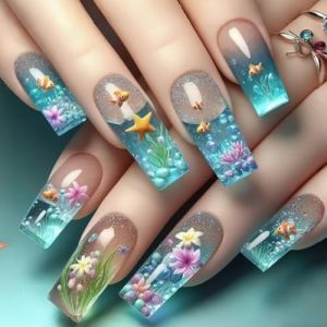 Faux Ongles Carr&eacute;s Brillants Fran&ccedil;ais Th&egrave;me Oc&eacute;ans De Poisson Clown Bleu Presse Sur Les 24 Pi&egrave;ces Mat&eacute;riaux ABS Multi-tailles Pour Des Occasions &Eacute;l&eacute;gantes Faux Fran&ccedil;ais &Eacute;l&eacute;gants Et (AIDUAN, neuf)