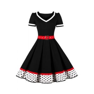 AXOE Femme Robe Vintage Année 50 Pin up Rockabilly Cocktail avec Ceinture Noir et Ourlet à Pois Noir, Taille 50, 4XL (AXOE-FR, neuf)