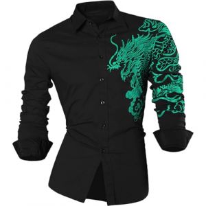 Roobeety Chemise pour homme avec broderie dragon &ndash; Chemise d'affaires &agrave; manches longues en coupe ajust&eacute;e | Chemise de haut attrayante pour les f&ecirc;tes et les occasions sp&eacute;ciales, Style #j09 vert, L (FAKdfkja547, neuf)