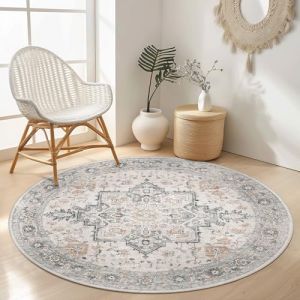 GENIMO Tapis Rond Vintage 120 cm, Boho Chic Lavable en Machine pour Salon, Antid&eacute;rapant, Imprim&eacute; pour Salle &agrave; Manger, Chambre d&rsquo;Enfant, Nurserie,Marron Clair Taupe (GENIMO FR, neuf)