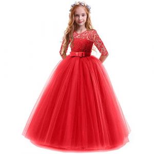 IWEMEK Enfants Fille Robe de Carnaval Princesse Longue en Dentelle avec Bowknot Demoiselle d'honneur Robe de Soirée Mariage Robe de Première Communion Anniversaire Fête Photographie 9-10 Ans (IWEMEK, neuf)