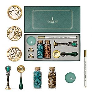 Joyeee Kit de cachet de cire avec coffret cadeau, cachets de cire, cuillère à fondre, perles de cire, cachet de cire classique et stylo de couleur métallique pour mariage, cartes, invitations (PinPoundStoreDirect, neuf)