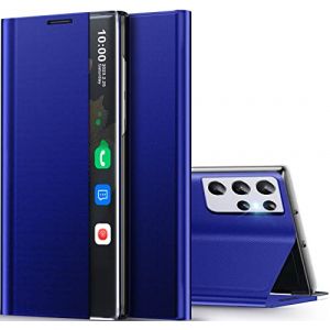 Qissy Coque S21 Ultra pour Samsung S21 Ultra Etui Clear View Cover &agrave; Rabat &Eacute;tui Housse Galaxy s21Ultra Mince Flip Folio B&eacute;quille Stand Support Coque pour Samsung Galaxy S21 Ultra 5g Case (Bleu) (Qissy-FR, neuf)