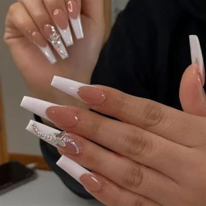 Faux ongles, ongles à presser Faux ongles longs en forme de cercueil avec colle, faux ongles marron portables avec strass, presse de Ballet, couverture complète(52) (zhangtingamz, neuf)
