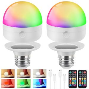 PlayDen 2 Pack Ampoule LED Rechargeable avec Telecommande, Ampoule E27 Connectée, Ampoule Sans Fil a 12 Couleur et Intensité Variable, Minuterie, Magnétique, Feux de Extérieur Camping Secours (Rihaojishu, neuf)