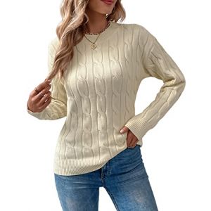 Niwicee Pull Femme Manches Longues Ras Cou Maille Torsad&eacute;e, Chaud Hauts Chic Hiver Tops Sweater Femme Tricot Chandail El&eacute;gant Couleur Unique Blouse Tunique Sweater Pullover-C-Beige-S (Veayada, neuf)