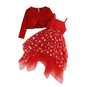 Yanmucy Robe avec cardigan en velours pour filles - Robe de f&ecirc;te multicouche en tulle - V&ecirc;tements de No&euml;l pour enfants de 2 &agrave; 8 ans, Rouge, 2-3 ans (Yanmucy, neuf)