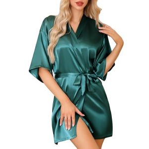 Lovasy Peignoir Satin Femme Mariage Peignoir en Soie Court Kimono Bride Femme Sexy Léger Col V avec Ceinture Robe de Demoiselle d'Honneur Robe de Chambre Vert foncé XL (Lovasy Direct, neuf)