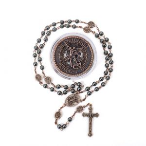 Nazareth Store Chapelet Saint Michel, collier de perles en pierre d'h&eacute;matite, perles de gloire en m&eacute;tal, m&eacute;daille et croix de l'archange avec bo&icirc;te cadeau en m&eacute;tal (Cuivre | J&eacute;sus Croix) (Nazareth Market Store LTD, neuf)