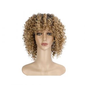 Perruque Perruques, petites perruques afro boucl&eacute;es, perruques de mode de style europ&eacute;en et am&eacute;ricain, perruques synth&eacute;tiques haute temp&eacute;rature Perruques quotidiennes(B) (haikouhua, neuf)