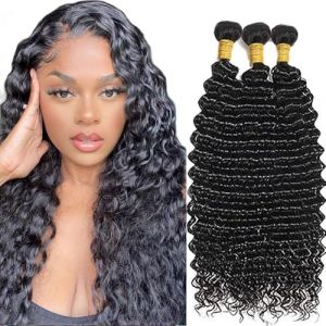 AiPliantfis Tissage Bresilien boucle Deep Wave Human Hair Bundles Real Hair Tissage Cheveux Humain Tissage Cheveux Naturels Brésilien 100% Unprocessed Virgin Hair 22 24 26 Pouce (GongBei Hair, neuf)