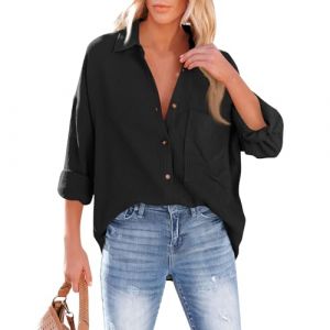 Chemisier Lin Femme Manches Longues Col V Boutons et Poches Chemise Gaze de Coton Blouse Femme Chic et &eacute;l&eacute;gant Tunique Lin Grande Taille L&acirc;che Respirant Haut Ete, Noir, XXL (Zawalud, neuf)