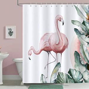 Bonhause Rideau de Douche Flamant Rose Feuilles Tropicales Tissu Polyester Anti Moisissure Imperméable Lavable Rideau Salle de Bain 180 x 180 cm avec 12 Crochets pour Baignoire (Bonhause EU, neuf)