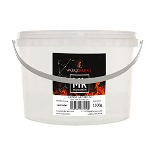 Caoutchouc arabique, gomme arabique, caoutchouc d'acacia, E 414, extra clair, séché par pulvérisation (poudre) cuisine moléculaire PE - Seau de 1500 g (1,5 kg) (Würzteufel GmbH Gewürzmanufaktur Schwarzwald, neuf)
