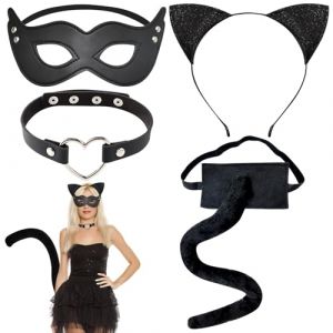 GTYARYUA Deguisement Chat Adulte, 4 PCS Deguisement Cat Woman Adulte Femme, Catwoman Accessoires Femme avec Bandeau, Queue, Collier, Masque de Chat Noir, pour Jeux de R&ocirc;le d'Halloween et de Carnaval (rubaione, neuf)