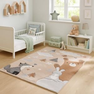Tapis Enfant Grsi Beige Maui Kids Renard et Ours, Tapis &agrave; Poils Courts pour Chambre d'enfant, Disponible en 5 Tailles (tapisonline24, neuf)