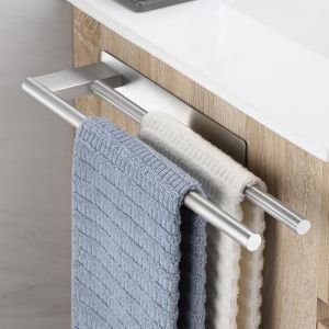 OETAMS Porte Serviette Salle De Bain sans Percage, Adhesif Double Porte Serviette Acier Inoxydable Mural, Porte Serviettes pour Salle De Bain Et Cuisine, Argent Brossé (HELUOEUR, neuf)