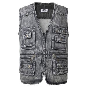 KTWOLEN Gilet en Jeans pour Homme Vintage Multi-poches Gilet de Motard Veste en Jean Sans Manches R&eacute;tro Veste Denim Gilet de P&ecirc;che Travail Chasse, Charbon, 4XL (KTWOLEN, neuf)
