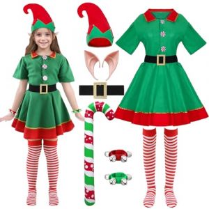HarnyLoom Costume Lutin Femme Homme Deguisement Elfe Noel Enfant Robe Vert Rouge Elfe Chaussettes Oreilles d'elfe Ceinture Adulte Gar&ccedil;on Fille Cosplay (Enfant-Fille, 130) (HarnyLoom, neuf)