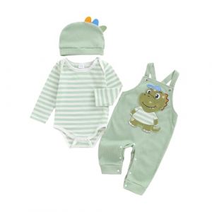 Dazzerake Ensemble B&eacute;b&eacute; Gar&ccedil;on 3 Pi&egrave;ces Tenue B&eacute;b&eacute; Gar&ccedil;on Barboteuse Ray&eacute;e Salopette Brod&eacute;e Chapeau V&ecirc;tement Automne Hiver pour Gar&ccedil;ons 0-18 Mois (Vert, 12-18 Months) (gaokana, neuf)