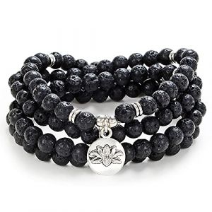 Collier Bracelet Mala 108 perles avec breloque Lotus et petites perles en pierre de 6 mm (Pierre de lave noire (Black Lava Stone)) (Self-Discovery Jewelry, neuf)
