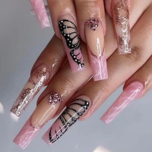 JUSTOTRY 24 Pi&egrave;ces Faux Ongles Long, Rose French Press on Nails Courts avec Papillon Noir, Coffin Faux Ongle avec Colle Pour Femme et Fille, Ballerina Faux Ongles &agrave; Coller Nail Art (Melonva, neuf)