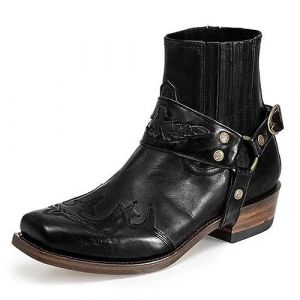 BINDT Bottines Western pour Hommes Boucle Sangle Bottes R&eacute;tro Cuir Bout Carr&eacute; Cowboy Bottes Courtes Cowboy Moto Bottes,Noir,44 (anyanghehuijianzhulaowu, neuf)