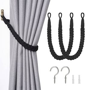 Pretty Jolly Lot de 2 embrasses de rideaux en corde de coton naturel de style boh&egrave;me &eacute;l&eacute;gant et d&eacute;coratif tiss&eacute; &agrave; la main avec crochet en m&eacute;tal pour la maison et le bureau (noir) (PrettyJolly, neuf)