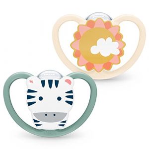 NUK Space Baby - Lot de 2 t&eacute;tines avec ventilation suppl&eacute;mentaire pour peau sensible - Silicone sans BPA - Motif z&egrave;bre et soleil - 18 &agrave; 36 mois (OnlineHandel24, neuf)