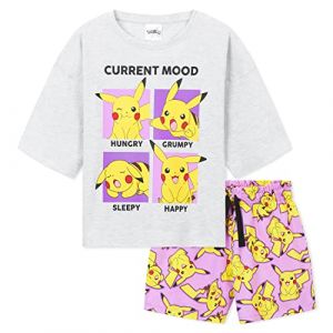 Pokémon Pyjama Fille, Pyjama Pikachu, Ensembles de Pyjama Fille Court, Ensemble 2 Pièces T-Shirt Crop Top et Short Vêtements Enfant Fille et Ado Été Coton 5-14 Ans (Gris/Rose, 13-14 Ans) (Get Trend., neuf)